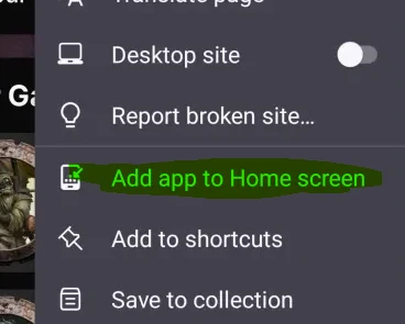Screenshot showing how to add Munda Manager to home screen on mobile device using the browser hamburger menu