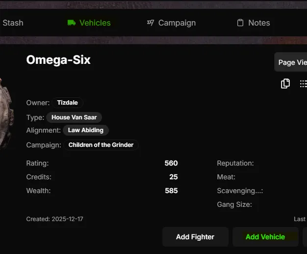 Gang page showing the Vehicles tab and the Add Vehicle button used to add a vehicle to a gang