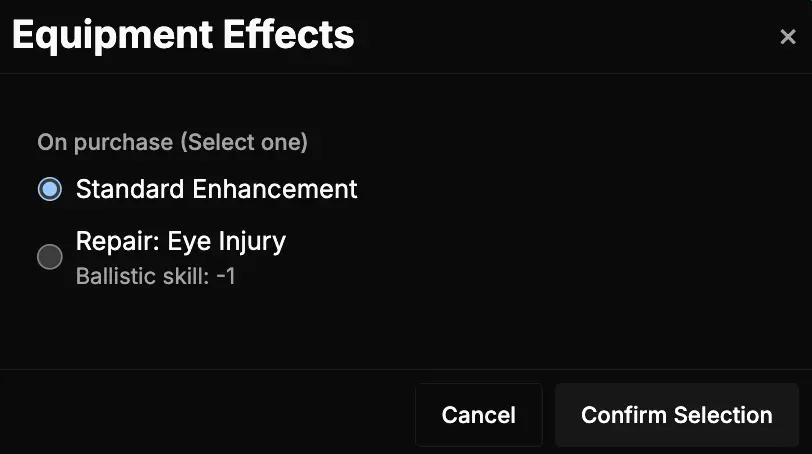 Cyberteknika effect selection dialog showing the Standard Enhancement option for a Van Saar fighter