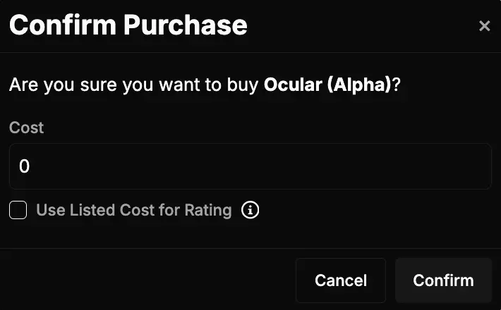 Cyberteknika purchase dialog showing cost set to 0 and Use listed cost for rating unchecked for a free Archeotek upgrade