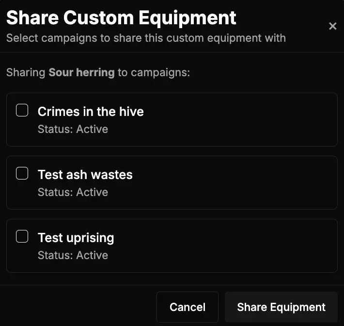 Campaign selection modal with checkboxes for choosing which campaigns to share custom assets with