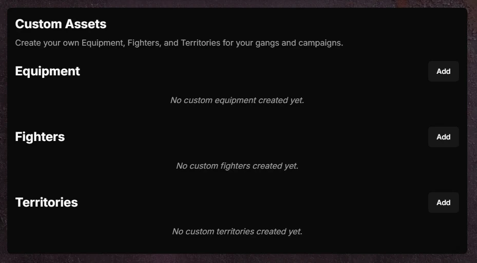 Custom Assets tab interface in Munda Manager showing options to create custom equipment, fighters, and territories