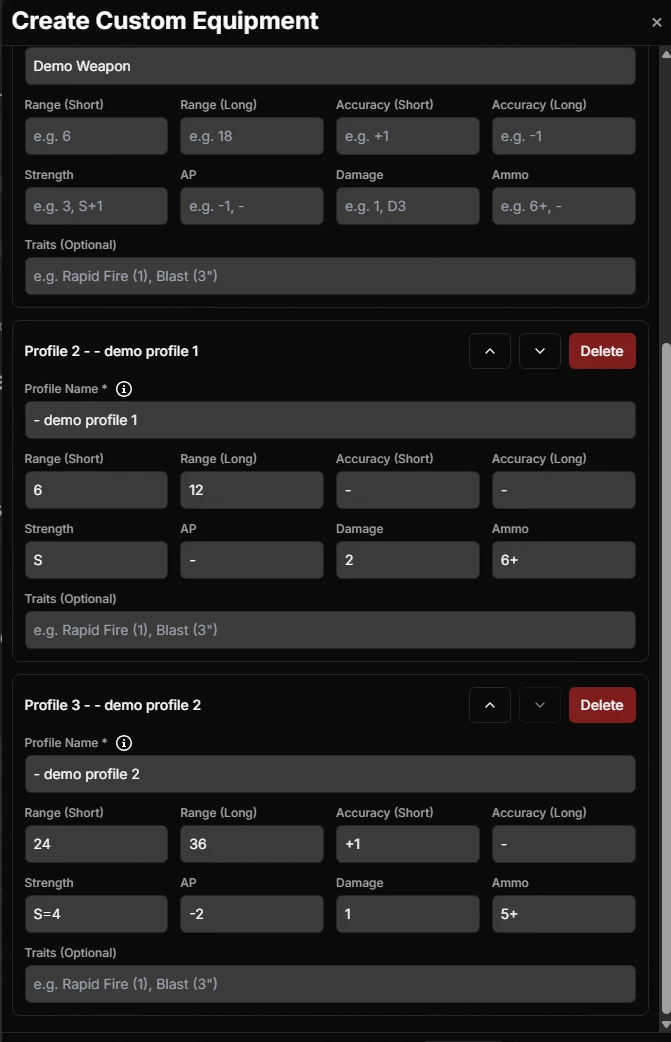 Custom equipment creation form in Munda Manager showing how to set up weapon profiles with multiple stat profiles