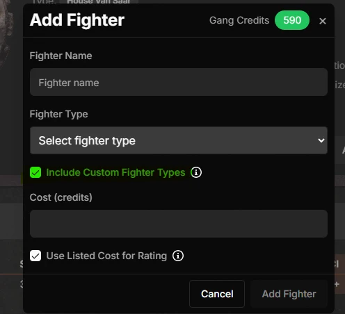 Custom fighters checkbox option in campaign settings allowing players to use custom fighter types created by the arbitrator
