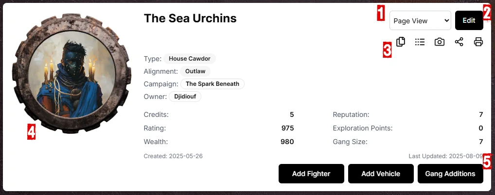 Munda Manager gang card interface showing view options, edit button, feature icons (clone, logs, capture, share, print), gang image, and gang addition options