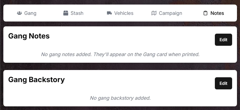Rich text editor interface for managing gang notes and background stories in Munda Manager