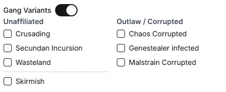 Gang variants selection interface in Munda Manager showing options for Wasteland, Crusading, Corrupted, and Infested gang types