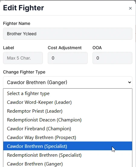 Fighter edit interface in Munda Manager showing how to change fighter class to Specialist