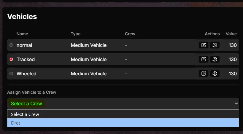 Vehicle tab showing how to assign a crew to a crewless vehicle by picking a crew from the dropdown and choosing Assign