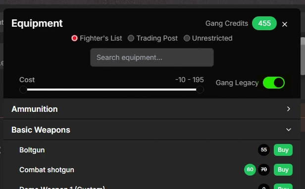 Venator gang legacy settings interface showing how to enable visibility of legacy weapons and wargear during gang creation